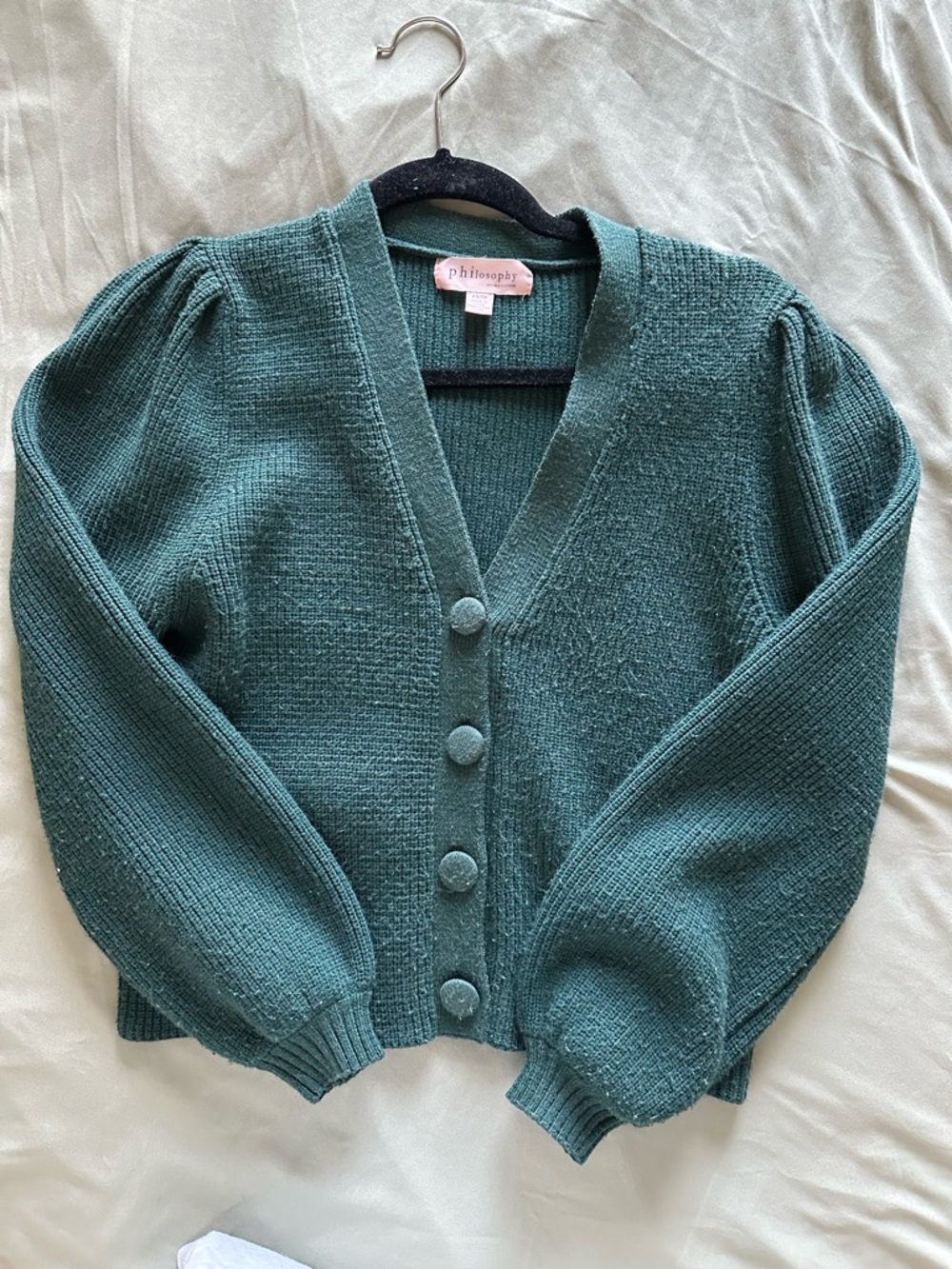 Philosophy Forest Green Puff-Sleeve Button Cardigan